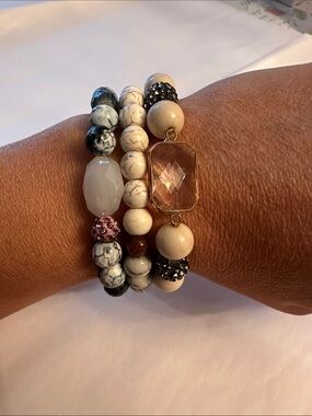 Erimish Cream, White and Pink Faceted Stone Multi-Strand Bracelet